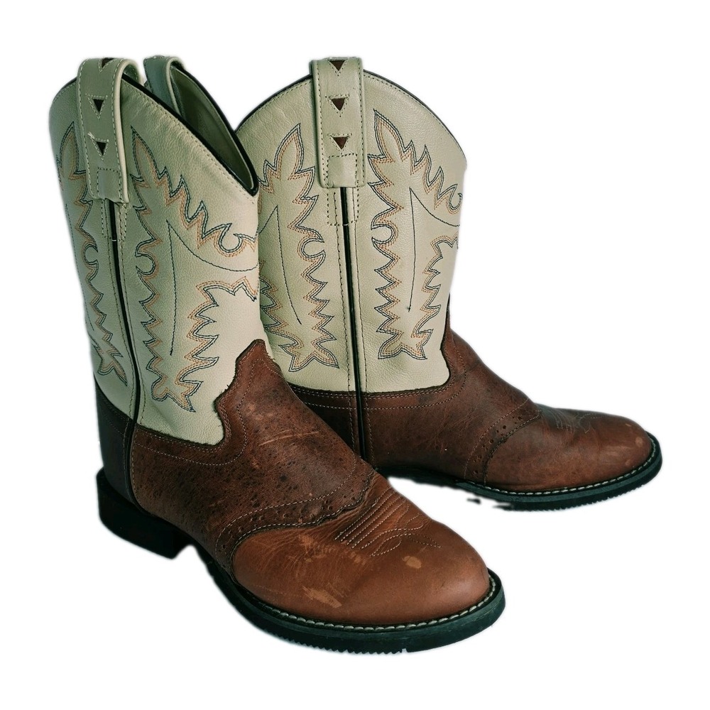 Old West Youth Cowboy Western Brown/Cream Leather Pull On Boot sz 4.5 CW2552Y